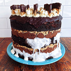 <strong>S'mores Cake</strong> <br>Manning’s chocolate milk cake . marshmallow creme . graham crackers . milk chocolate buttercream . toasted marshmallows . ganache . chocolate dipped graham crackers