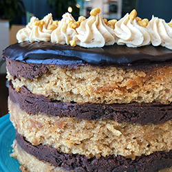 <strong>Reverse Chocolate Peanut Butter Cake</strong> <br>old fashioned peanut butter cake . chocolate buttercream . ganache . peanut butter buttercream . peanut brittle crunch